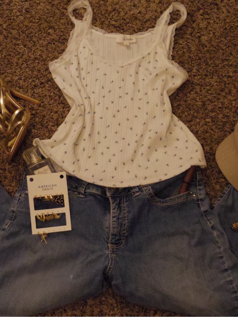 White Ribbed Lace-Trim Camisole with Micro Blue Dots
